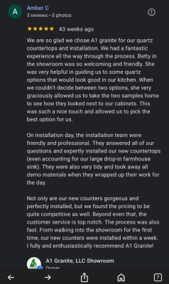 Amber C 5-star review of A1 Granite kitchen renovation Tallahassee